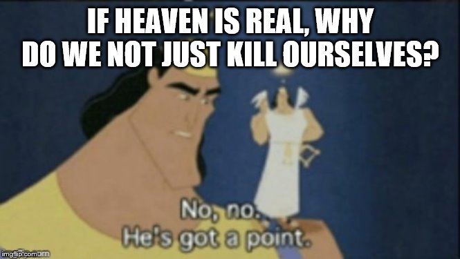 no no hes got a point | IF HEAVEN IS REAL, WHY DO WE NOT JUST KILL OURSELVES? | image tagged in no no hes got a point | made w/ Imgflip meme maker