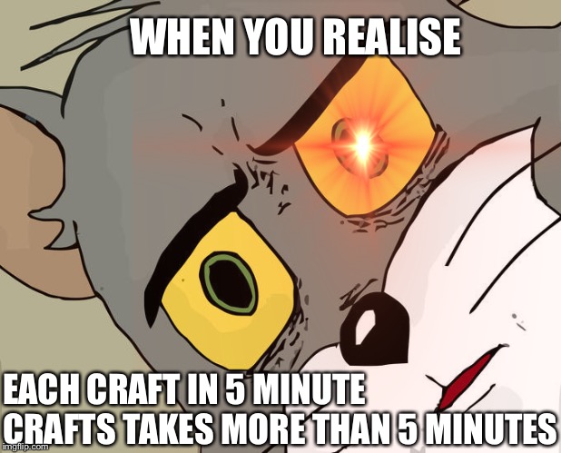5 minute crafts meme | WHEN YOU REALISE; EACH CRAFT IN 5 MINUTE CRAFTS TAKES MORE THAN 5 MINUTES | image tagged in memes,unsettled tom,tom and jerry,when you realize,cartoons,youtube | made w/ Imgflip meme maker