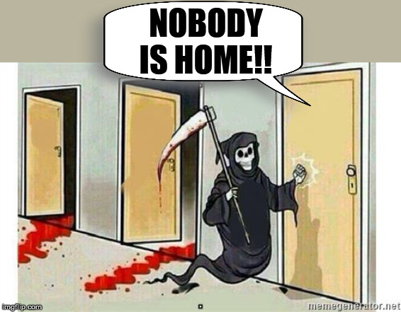 Grim Reaper Knocking Door | NOBODY IS HOME!! | image tagged in grim reaper knocking door | made w/ Imgflip meme maker