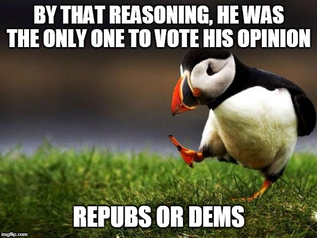 Unpopular Opinion Puffin Meme | BY THAT REASONING, HE WAS THE ONLY ONE TO VOTE HIS OPINION REPUBS OR DEMS | image tagged in memes,unpopular opinion puffin | made w/ Imgflip meme maker