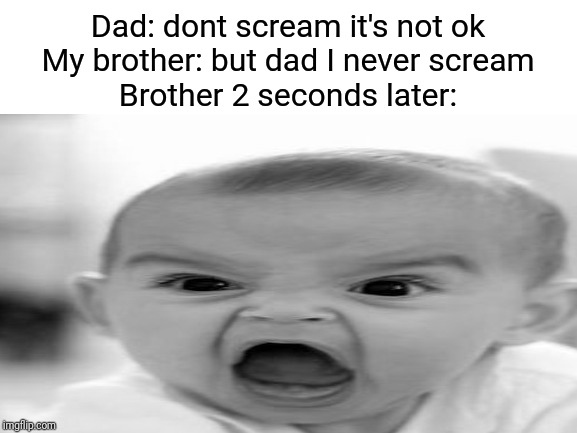 Dad: dont scream it's not ok
My brother: but dad I never scream
Brother 2 seconds later: | image tagged in annoying,brother,scream | made w/ Imgflip meme maker