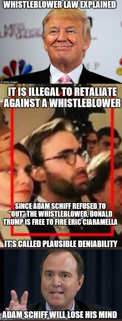 How to dick with Adam Schiff! | WHISTLEBLOWER LAW EXPLAINED; IT IS ILLEGAL TO RETALIATE AGAINST A WHISTLEBLOWER; SINCE ADAM SCHIFF REFUSED TO "OUT" THE WHISTLEBLOWER, DONALD TRUMP IS FREE TO FIRE ERIC CIARAMELLA; IT'S CALLED PLAUSIBLE DENIABILITY; ADAM SCHIFF WILL LOSE HIS MIND | image tagged in donald trump approves,adam schiff,eric ciaramella fake whistleblower,adam schiff loses mind,heh heh heh | made w/ Imgflip meme maker