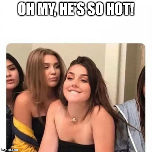 horny girl | OH MY, HE'S SO HOT! | image tagged in horny girl | made w/ Imgflip meme maker