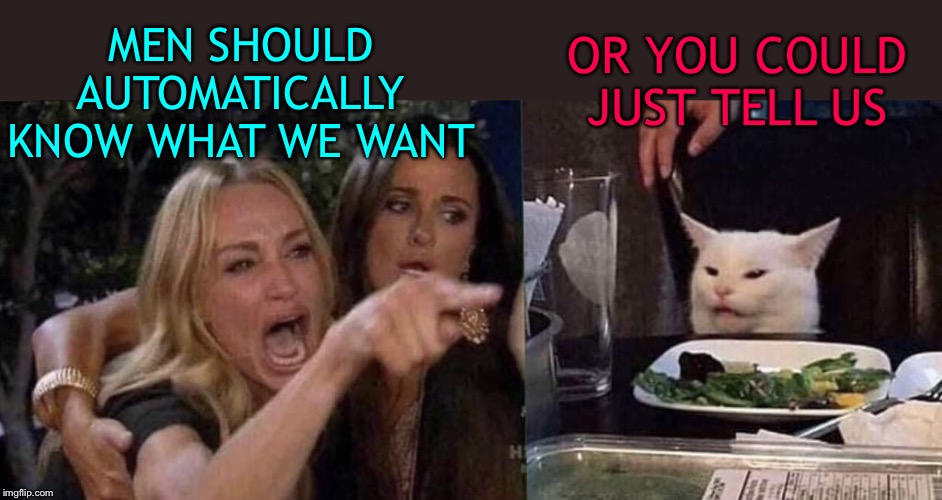 woman yelling at cat | MEN SHOULD AUTOMATICALLY KNOW WHAT WE WANT OR YOU COULD JUST TELL US | image tagged in woman yelling at cat | made w/ Imgflip meme maker