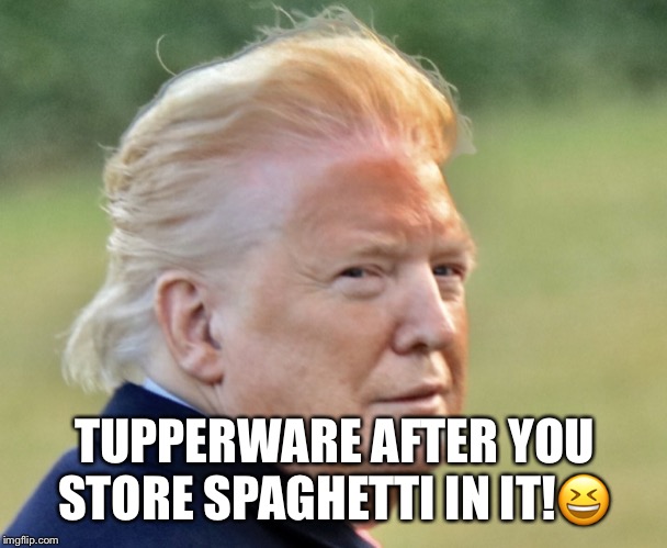 Tupperware after your store spaghetti in it! | TUPPERWARE AFTER YOU STORE SPAGHETTI IN IT!😆 | image tagged in donald trump,tupperware,spaghetti,trump impeachment,lol so funny,too much makeup | made w/ Imgflip meme maker