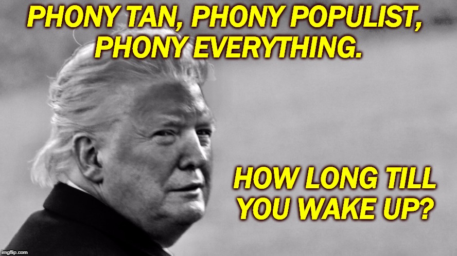Trump phony populist | PHONY TAN, PHONY POPULIST, 
PHONY EVERYTHING. HOW LONG TILL YOU WAKE UP? | image tagged in trump phony tan phony everything bw,trump,phony,liar,fake,con man | made w/ Imgflip meme maker