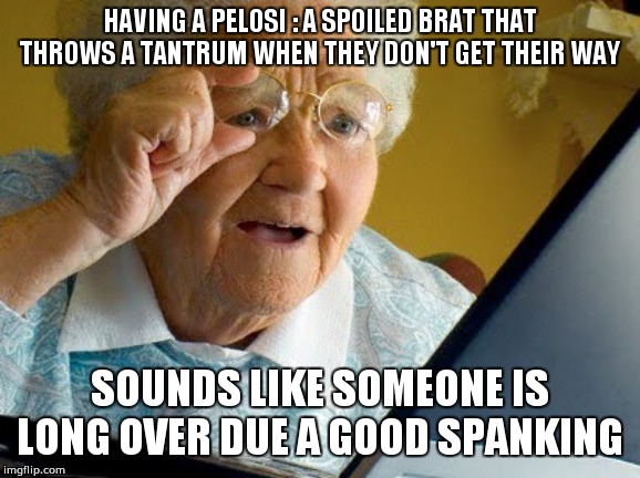 Old lady reading | HAVING A PELOSI : A SPOILED BRAT THAT THROWS A TANTRUM WHEN THEY DON'T GET THEIR WAY; SOUNDS LIKE SOMEONE IS LONG OVER DUE A GOOD SPANKING | image tagged in old lady reading | made w/ Imgflip meme maker