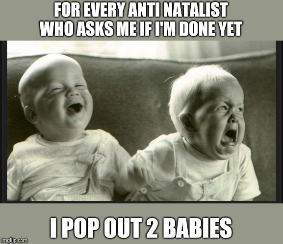 Laugh cry twin babies | FOR EVERY ANTI NATALIST WHO ASKS ME IF I'M DONE YET I POP OUT 2 BABIES | image tagged in laugh cry twin babies | made w/ Imgflip meme maker