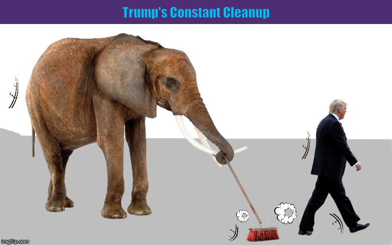 Trump's Constant Cleanup | image tagged in trump,donald trump,elephant,republican party,republican,cleanup | made w/ Imgflip meme maker