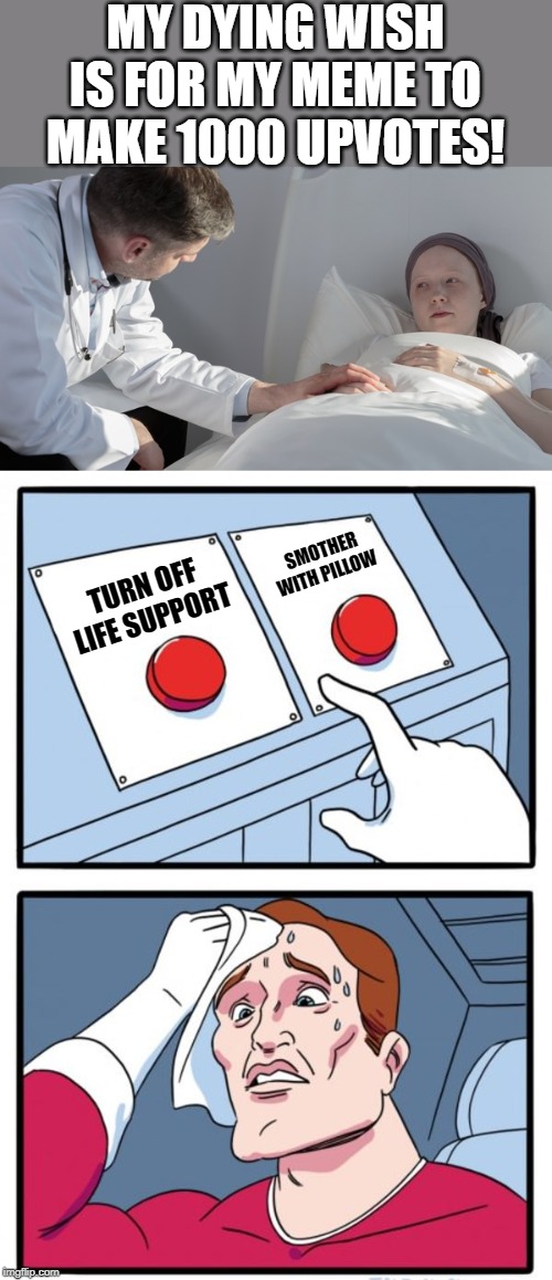 Don't Beg | MY DYING WISH IS FOR MY MEME TO MAKE 1000 UPVOTES! SMOTHER WITH PILLOW; TURN OFF LIFE SUPPORT | image tagged in memes,two buttons,begging for upvotes | made w/ Imgflip meme maker