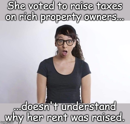 dazed and confused | She voted to raise taxes on rich property owners... ...doesn't understand why her rent was raised. | image tagged in rent raising,tax raising,democrats | made w/ Imgflip meme maker