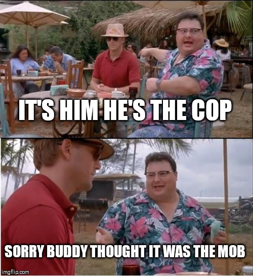 See Nobody Cares | IT'S HIM HE'S THE COP; SORRY BUDDY THOUGHT IT WAS THE MOB | image tagged in memes,see nobody cares | made w/ Imgflip meme maker