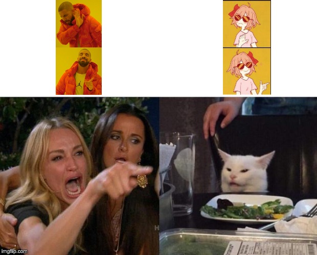 i dislike drake | image tagged in memes,woman yelling at cat,drake hotline bling,sayori drake | made w/ Imgflip meme maker