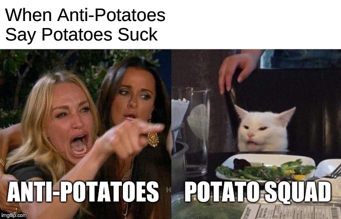Woman Yelling At Cat Meme | When Anti-Potatoes Say Potatoes Suck; ANTI-POTATOES; POTATO SQUAD | image tagged in memes,woman yelling at cat | made w/ Imgflip meme maker