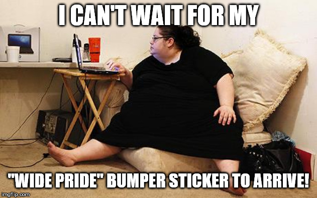 Obese Woman at Computer | I CAN'T WAIT FOR MY; "WIDE PRIDE" BUMPER STICKER TO ARRIVE! | image tagged in obese woman at computer,fat,bumper sticker,pride | made w/ Imgflip meme maker