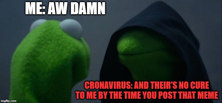 CronaVirus | ME: AW DAMN; CRONAVIRUS: AND THEIR'S NO CURE TO ME BY THE TIME YOU POST THAT MEME | image tagged in memes,evil kermit,cronavirus | made w/ Imgflip meme maker