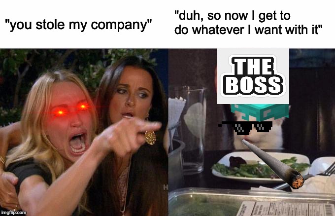 Woman Yelling At Cat | "you stole my company"; "duh, so now I get to do whatever I want with it" | image tagged in memes,woman yelling at cat | made w/ Imgflip meme maker