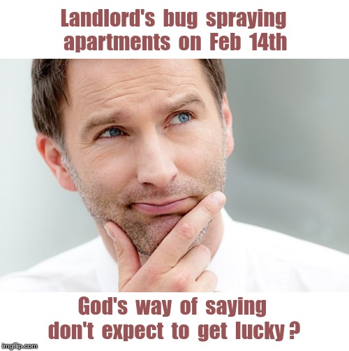 Message From On High | Landlord's  bug  spraying  apartments  on  Feb  14th; God's  way  of  saying  don't  expect  to  get  lucky ? | image tagged in man wondering 08,happy valentine's day,rick75230,it's a sign | made w/ Imgflip meme maker