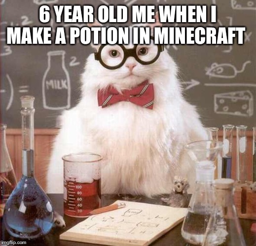 cat scientist |  6 YEAR OLD ME WHEN I MAKE A POTION IN MINECRAFT | image tagged in cat scientist | made w/ Imgflip meme maker