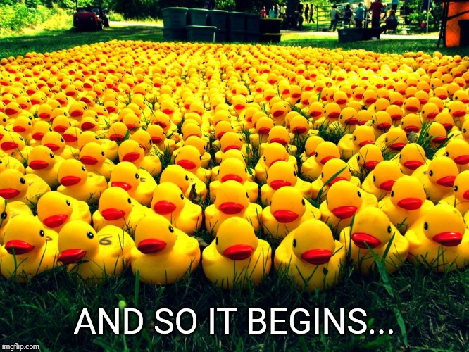 Rubber Ducky Army | AND SO IT BEGINS... | image tagged in rubber ducky army | made w/ Imgflip meme maker