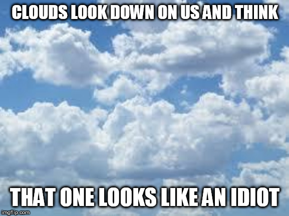 clouds | CLOUDS LOOK DOWN ON US AND THINK; THAT ONE LOOKS LIKE AN IDIOT | image tagged in clouds | made w/ Imgflip meme maker