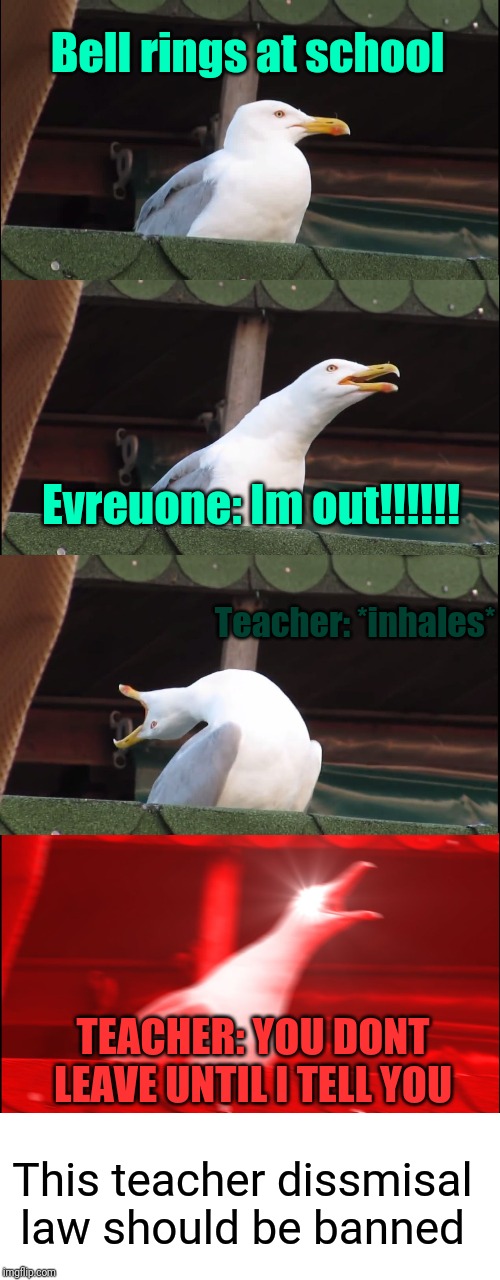 Inhaling Seagull | Bell rings at school; Evreuone: Im out!!!!!! Teacher: *inhales*; TEACHER: YOU DONT LEAVE UNTIL I TELL YOU; This teacher dissmisal law should be banned | image tagged in memes,inhaling seagull,school,bell,school bell,teacher | made w/ Imgflip meme maker