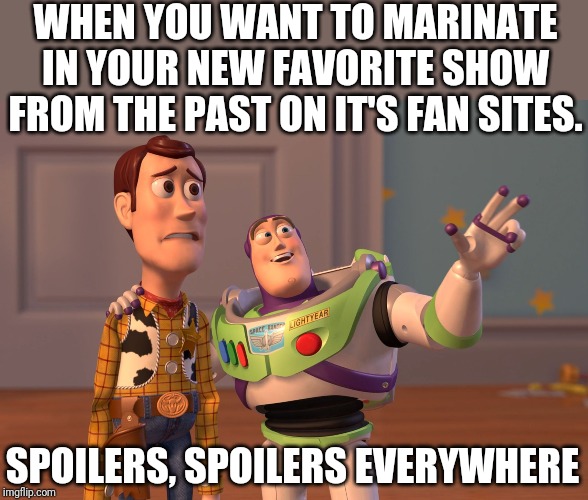 X, X Everywhere Meme | WHEN YOU WANT TO MARINATE IN YOUR NEW FAVORITE SHOW FROM THE PAST ON IT'S FAN SITES. SPOILERS, SPOILERS EVERYWHERE | image tagged in memes,x x everywhere | made w/ Imgflip meme maker