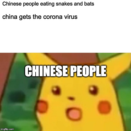 Surprised Pikachu | Chinese people eating snakes and bats; china gets the corona virus; CHINESE PEOPLE | image tagged in memes,surprised pikachu | made w/ Imgflip meme maker