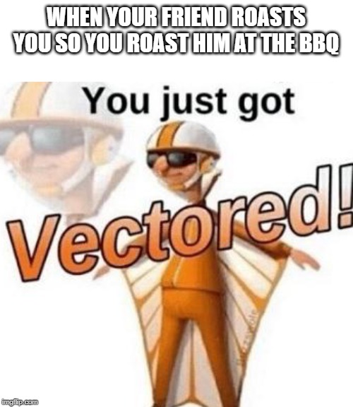 You just got vectored | WHEN YOUR FRIEND ROASTS YOU SO YOU ROAST HIM AT THE BBQ | image tagged in you just got vectored,friends,roast,bbq | made w/ Imgflip meme maker