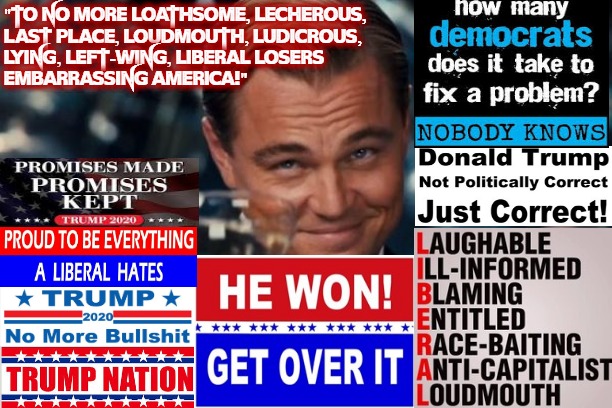 TRUMP 2020 | "to no more loathsome, lecherous,
last place, loudmouth, ludicrous,
lying, left-wing, liberal losers
embarrassing america!" | image tagged in memes,leonardo dicaprio cheers,trump 2020,donald trump approves,america first,words that offend liberals | made w/ Imgflip meme maker