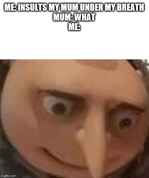 That's how you know you messed up | ME: INSULTS MY MUM UNDER MY BREATH
MUM: WHAT
ME: | image tagged in gru meme,childhood | made w/ Imgflip meme maker