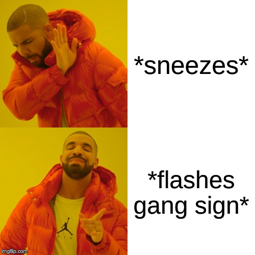 Drake Hotline Bling | *sneezes*; *flashes gang sign* | image tagged in memes,drake hotline bling | made w/ Imgflip meme maker