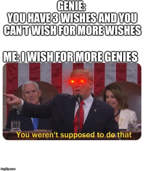 You weren't supposed to do that | GENIE: 
YOU HAVE 3 WISHES AND YOU CAN’T WISH FOR MORE WISHES; ME: I WISH FOR MORE GENIES | image tagged in you weren't supposed to do that | made w/ Imgflip meme maker