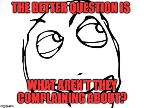 Question Rage Face Meme | THE BETTER QUESTION IS WHAT AREN'T THEY COMPLAINING ABOUT? | image tagged in memes,question rage face | made w/ Imgflip meme maker