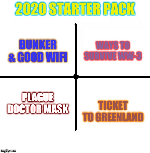 Blank Starter Pack Meme | 2020 STARTER PACK; BUNKER & GOOD WIFI; WAYS TO SURVIVE WW-3; TICKET TO GREENLAND; PLAGUE DOCTOR MASK | image tagged in memes,blank starter pack | made w/ Imgflip meme maker