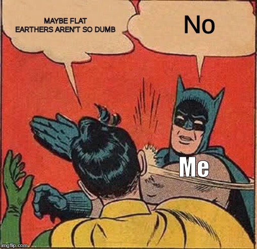 Batman Slapping Robin | No; MAYBE FLAT EARTHERS AREN'T SO DUMB; Me | image tagged in memes,batman slapping robin,flat earth | made w/ Imgflip meme maker