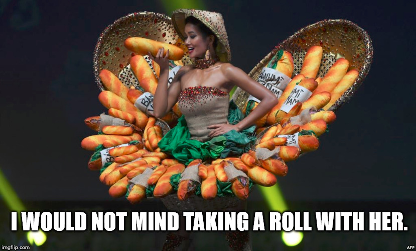 Outfit to wear next year for the Superbowl. | I WOULD NOT MIND TAKING A ROLL WITH HER. | image tagged in does he bite,bread,what the,weird photo of the day | made w/ Imgflip meme maker