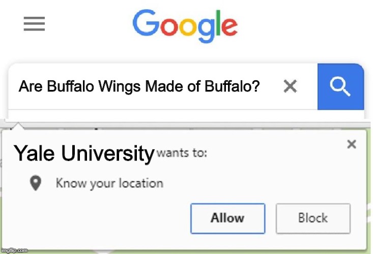 Wants to know your location | Are Buffalo Wings Made of Buffalo? Yale University | image tagged in wants to know your location | made w/ Imgflip meme maker