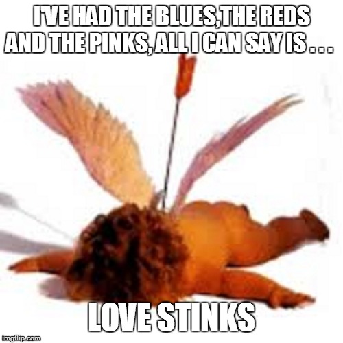fuck cupid | I'VE HAD THE BLUES,THE REDS AND THE PINKS, ALL I CAN SAY IS . . . LOVE STINKS | image tagged in funny,funny memes,funny meme,80s music,lol so funny,too funny | made w/ Imgflip meme maker