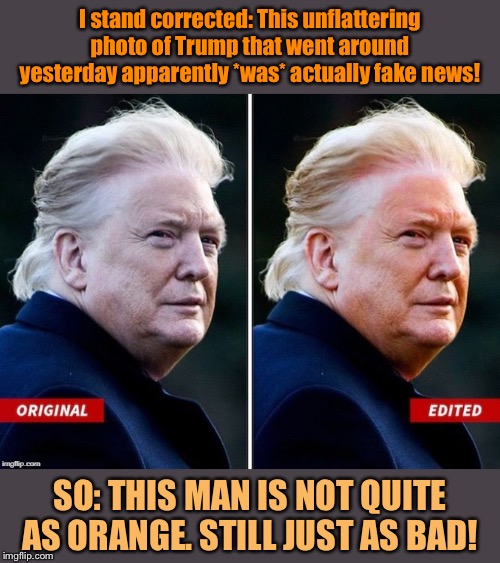 Fake news detected and corrected! | I stand corrected: This unflattering photo of Trump that went around yesterday apparently *was* actually fake news! SO: THIS MAN IS NOT QUITE AS ORANGE. STILL JUST AS BAD! | image tagged in trump bad face day,fake news,trump,orange trump,politics lol,trump fake news | made w/ Imgflip meme maker