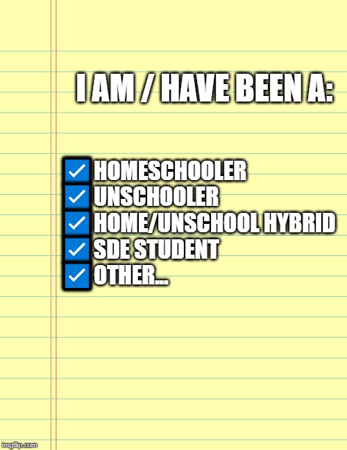 Which one are you? | ☑HOMESCHOOLER
☑UNSCHOOLER
☑HOME/UNSCHOOL HYBRID
☑SDE STUDENT
☑OTHER... I AM / HAVE BEEN A: | image tagged in checklist | made w/ Imgflip meme maker