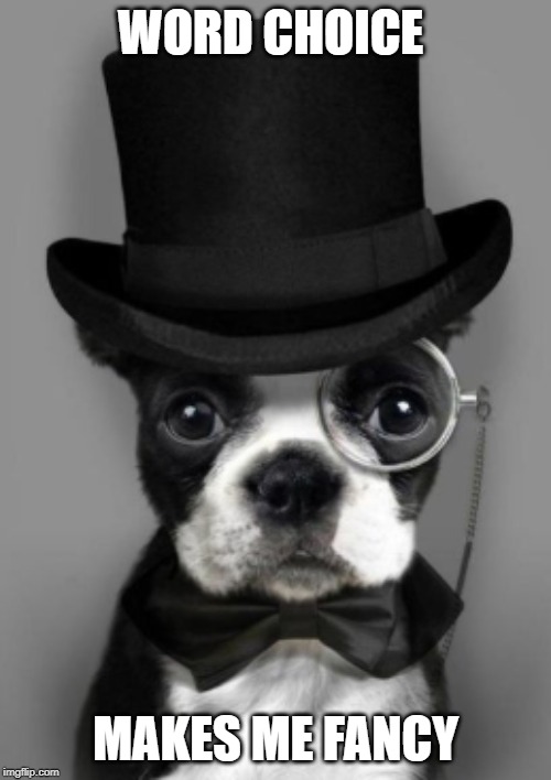 dog with top hat | WORD CHOICE; MAKES ME FANCY | image tagged in dog with top hat | made w/ Imgflip meme maker
