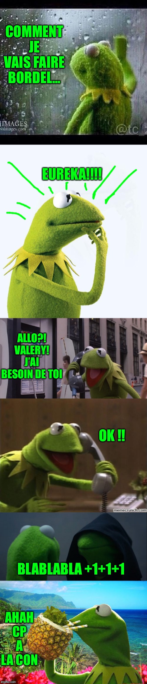 COMMENT JE VAIS FAIRE BORDEL... EUREKA!!!! ALLO?! VALERY! J’AI BESOIN DE TOI; OK !! BLABLABLA +1+1+1; AHAH CP A LA CON | image tagged in kermit,vacation kermit,kermit pensando,kermit phone,memes,evil kermit | made w/ Imgflip meme maker