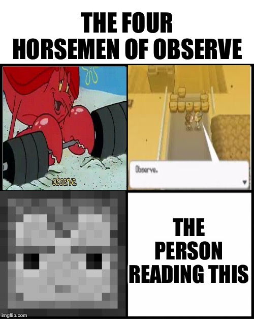 blank drake format | THE FOUR HORSEMEN OF OBSERVE; THE PERSON READING THIS | image tagged in blank drake format | made w/ Imgflip meme maker