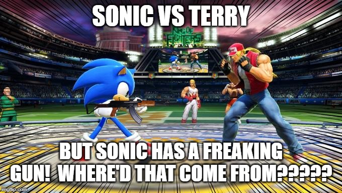 what | SONIC VS TERRY; BUT SONIC HAS A FREAKING GUN!  WHERE'D THAT COME FROM????? | image tagged in sonic vs terry,super smash bros,sonic the hedgehog,guns | made w/ Imgflip meme maker