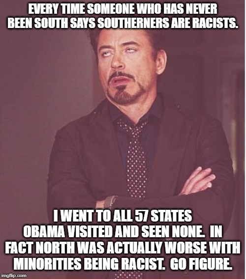 Face You Make Robert Downey Jr Meme | EVERY TIME SOMEONE WHO HAS NEVER BEEN SOUTH SAYS SOUTHERNERS ARE RACISTS. I WENT TO ALL 57 STATES OBAMA VISITED AND SEEN NONE.  IN FACT NORT | image tagged in memes,face you make robert downey jr | made w/ Imgflip meme maker