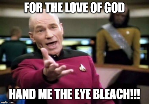 Picard Wtf Meme | FOR THE LOVE OF GOD HAND ME THE EYE BLEACH!!! | image tagged in memes,picard wtf | made w/ Imgflip meme maker