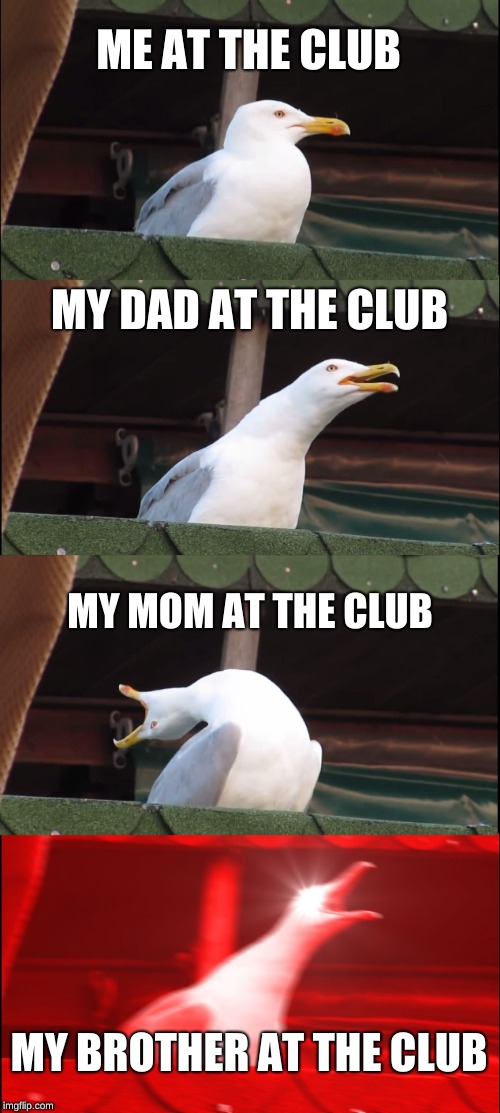 Inhaling Seagull Meme | ME AT THE CLUB; MY DAD AT THE CLUB; MY MOM AT THE CLUB; MY BROTHER AT THE CLUB | image tagged in memes,inhaling seagull | made w/ Imgflip meme maker