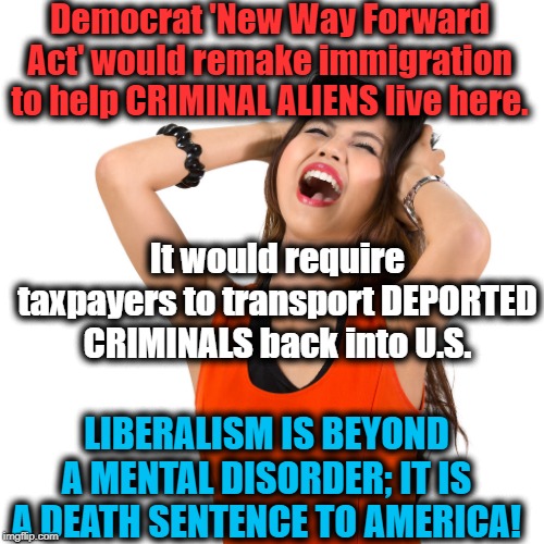 Democrats Love Criminals & Not Law and Order | Democrat 'New Way Forward Act' would remake immigration to help CRIMINAL ALIENS live here. It would require taxpayers to transport DEPORTED CRIMINALS back into U.S. LIBERALISM IS BEYOND A MENTAL DISORDER; IT IS A DEATH SENTENCE TO AMERICA! | image tagged in politics,political meme,liberals,liberalism,democrat,crazy | made w/ Imgflip meme maker