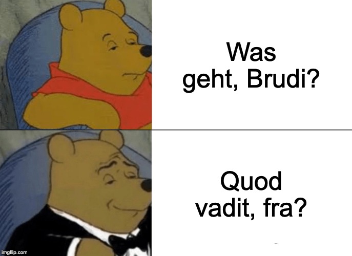 Tuxedo Winnie The Pooh Meme | Was geht, Brudi? Quod vadit, fra? | image tagged in memes,tuxedo winnie the pooh | made w/ Imgflip meme maker